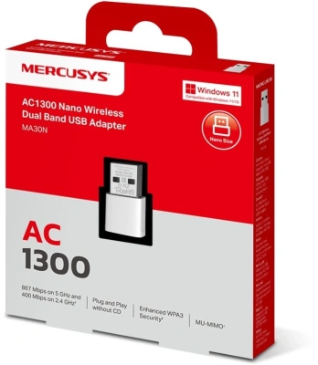 Сетевой адаптер Wi-Fi Mercusys MA30N AC1300 USB 2.0 (ант.внутр.)