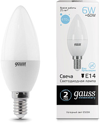 Лампа светодиодная Gauss Elementary 6Вт цок.:E14 свеча 220B св.свеч.бел.хол. C37 (упак.:10шт) (33136)
