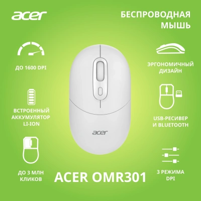 Мышь Acer OMR301 белый оптическая 1600dpi беспров. BT/Radio USB 4but (ZL.MCECC.01U)