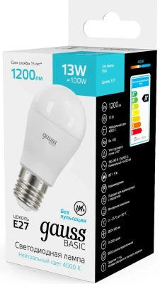Лампа светодиодная Gauss Basic 10502232 13Вт цок.:E27 шар 220B св.свеч.бел.нейт. (упак.:1шт)