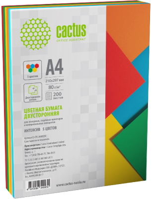 Бумага Cactus CS-CPC-A480200 A4/80г/м2/200л./радуга интенсив (5цветов)