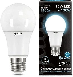 Лампа светодиодная Gauss A60 12Вт цок.:E27 груша 220B св.свеч.бел.нейт. A60 (упак.:1шт) (102502212)
