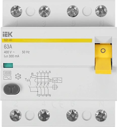 Выключатель дифф.тока УЗО IEK MDV10-4-063-300 ВД1-63 63A 300мА AC 4П 400В 4мод белый (упак.:1шт)