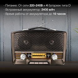 Радиоприемник настольный Hyundai H-PSR156 коричневый USB SD/microSD