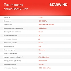 Углошлифовальная машина Starwind AG125E-950 950Вт 11000об/мин рез.шпин.:M14 d=125мм