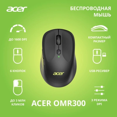 Мышь Acer OMR300 черный оптическая 1600dpi беспров. USB 6but (ZL.MCECC.01R)