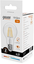Лампа филам. Gauss Filament 11Вт цок.:E27 груша 220B св.свеч.бел.теп. (упак.:10шт) (22211)