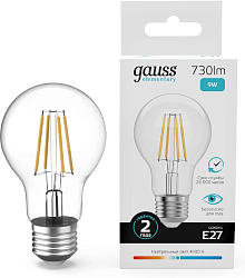 Лампа филам. Gauss Filament 9Вт цок.:E27 груша 220B св.свеч.бел.нейт. (упак.:10шт) (22229)