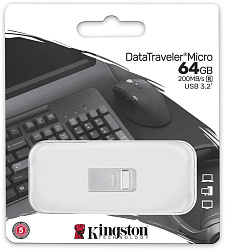 Флеш Диск Kingston 64Gb DataTraveler Micro DTMC3G2/64GB USB3.0 серебристый