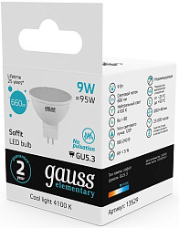 Лампа светодиодная Gauss Elementary MR16 9Вт цок.:GU5.3 спот 220B св.свеч.бел.нейт. MR16 (упак.:10шт) (13529)