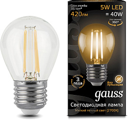 Лампа филам. Gauss 5Вт цок.:E27 шар 220B св.свеч.бел.теп. G45 (упак.:10шт) (105802105)