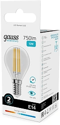 Лампа филам. Gauss Filament 12Вт цок.:E14 шар 220B св.свеч.бел.нейт. (упак.:10шт) (52122)