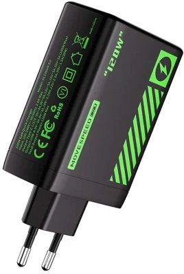 Сетевое зар./устр. Movespeed Pro AC120 100W 5A+3A+2.5A+2.25A+1.5A (PD+QC+AFC) USB/3xUSB Type-C универсальное черный/зеленый
