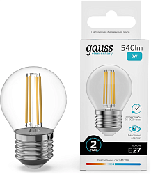 Лампа филам. Gauss Filament 8Вт цок.:E27 шар 220B св.свеч.бел.нейт. (упак.:10шт) (52228)