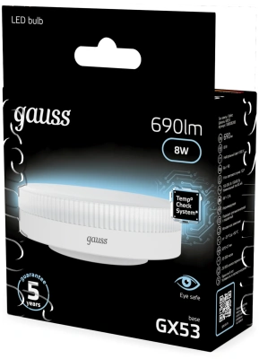Лампа светодиодная Gauss 8Вт цок.:GX53 таблетка 220B св.свеч.бел.нейт. Tablet (упак.:10шт) (108008208)
