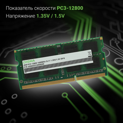 Память DDR3 4GB 1600MHz Digma DGMAS31600004D RTL PC3-12800 CL11 SO-DIMM 204-pin 1.35В dual rank Ret