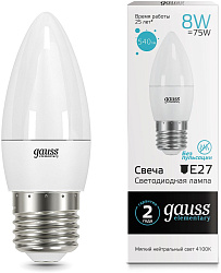 Лампа светодиодная Gauss Elementary 8Вт цок.:E27 свеча 220B св.свеч.бел.нейт. C37 (упак.:10шт) (33228)