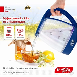 Чайник электрический Великие Реки Дон-1 1.8л. 1850Вт синий корпус: стекло/пластик (ДОН-1 СИНИЙ)