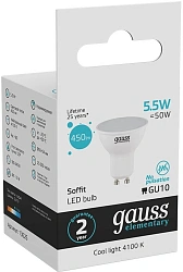 Лампа светодиодная Gauss 5.5Вт цок.:GU10 рефлек. 220B св.свеч.бел.нейт. MR16 (упак.:1шт) (13626)