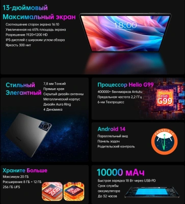 Планшет Teclast T65Max G99 (2.0) 8C RAM8Gb ROM256Gb 12.95" IPS 1920x1200 4G 2Sim Android 14 серебристый 13Mpix 8Mpix BT microSD 1Tb 10000mAh 32hr