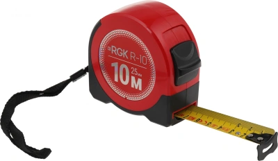Рулетка строительная RGK R10 дл.полотна 10м изм.шкала в см зацеп простой красный/черный (774918)