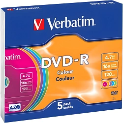 Диск DVD-R Verbatim 4.7Gb 16x Slim case (5шт) Color (43557)