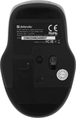 Мышь Defender Feam MM-296 черный оптическая 1600dpi silent беспров. USB 3but (52296)